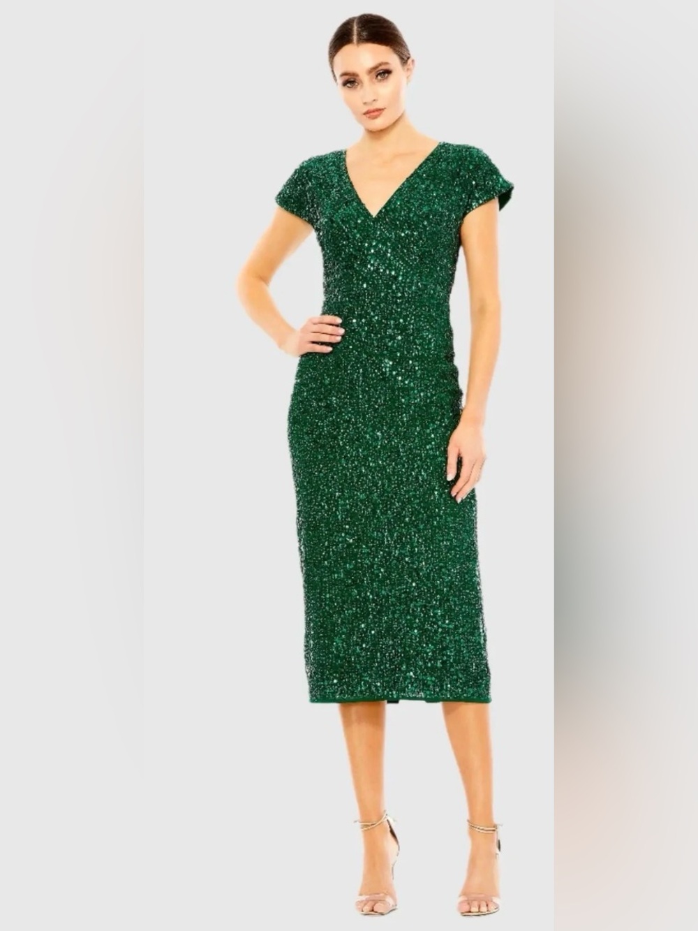 Mac Duggal Emerald Sequin V-Neck Midi Dress - Women